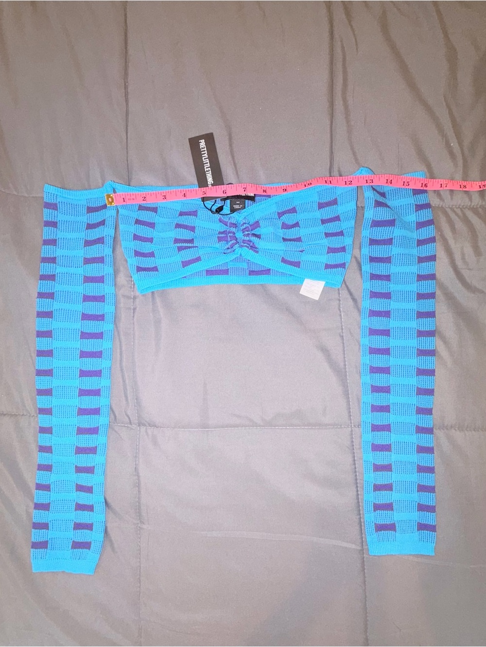 PrettyLittleThing XS Blue Purple Cut Out Knit 2 Piece Set Off Shoulder Crop Top - Picture 3 of 12